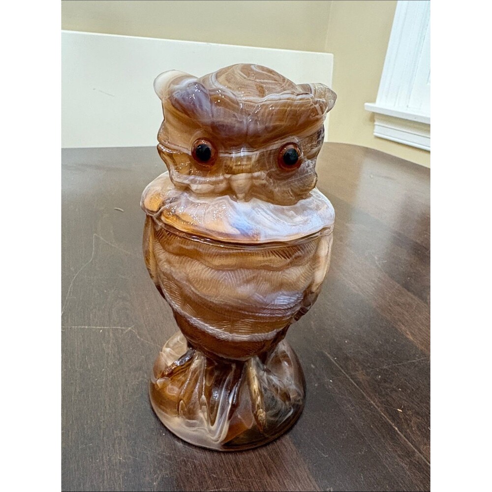 Vintage Imperial Glass Company caramel slag glass owl covered jar